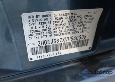 1997 Honda Civic Lx z USA, uszkodzony, nr VIN 2HGEJ667XVH540308